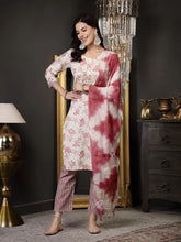 Women's Pink Tropical Printed Cotton Blend Straight Kurta Pant Dupatta Set-KPDPINKSOMI